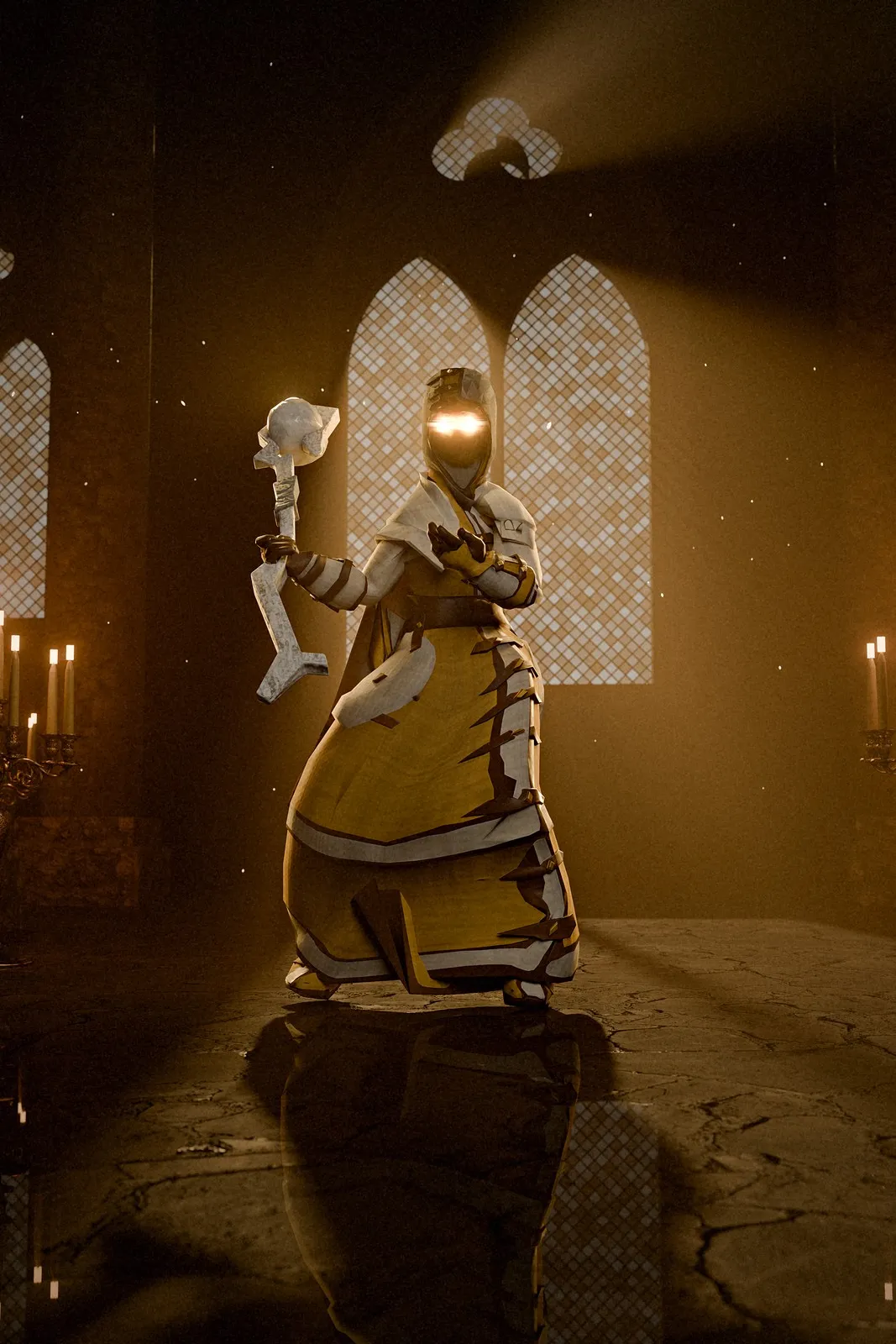 A hooded Mender in white and gold holds up a staff before tall chapel windows, eyes glowing gold
